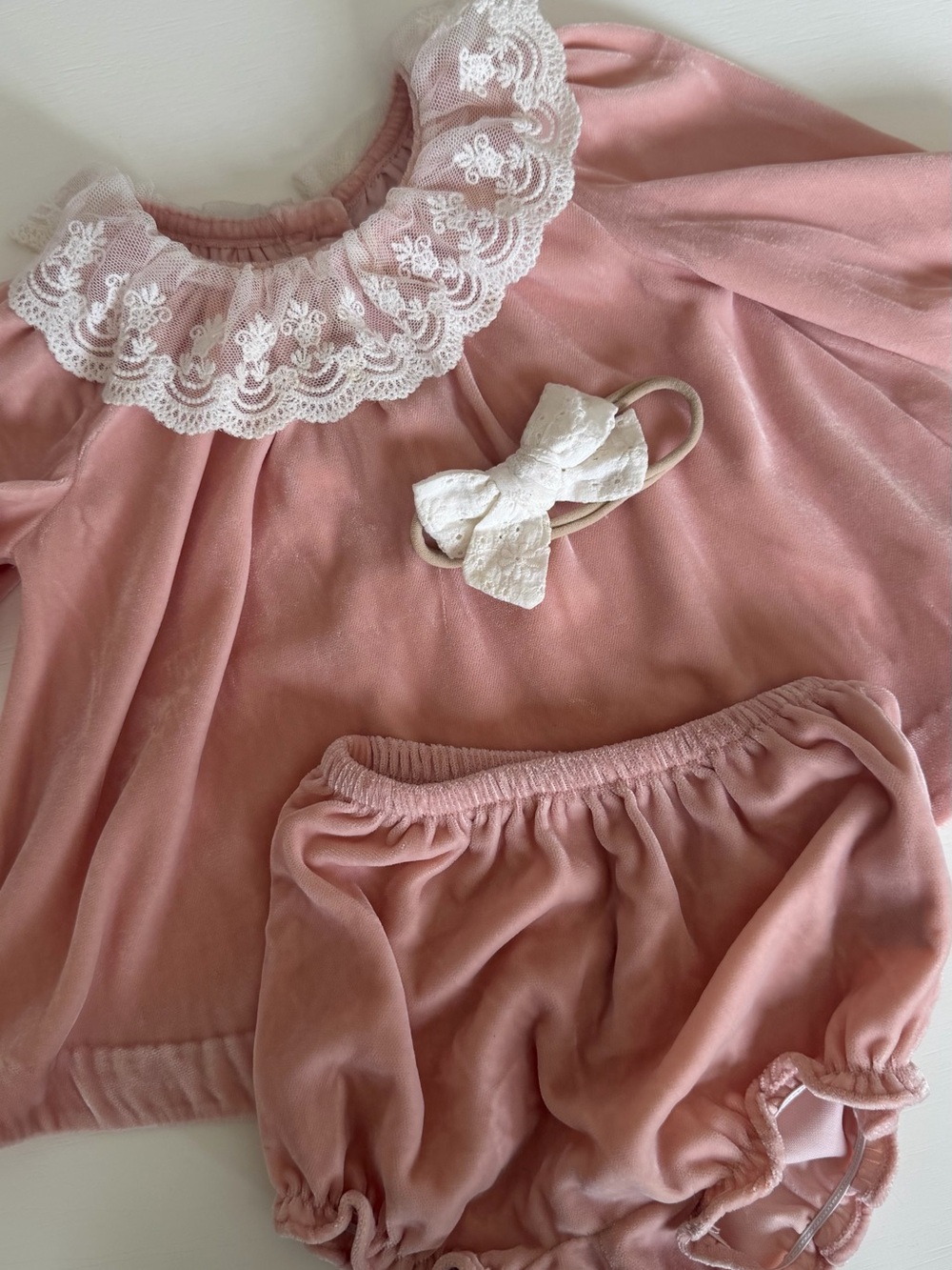 Janie and Jack Blush Pink velvet + lace detail dress 6-12m